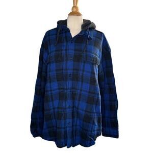 American Eagle Blue Black Plaid Hooded Jacket Thick Flannel Removable Hood